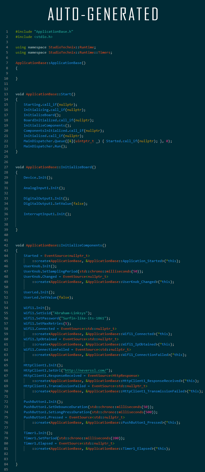 The low-level and plumbing code is automatically generated in Studio Technix.