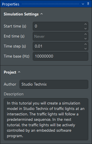 The Simulation Settings tool window of Studio Technix